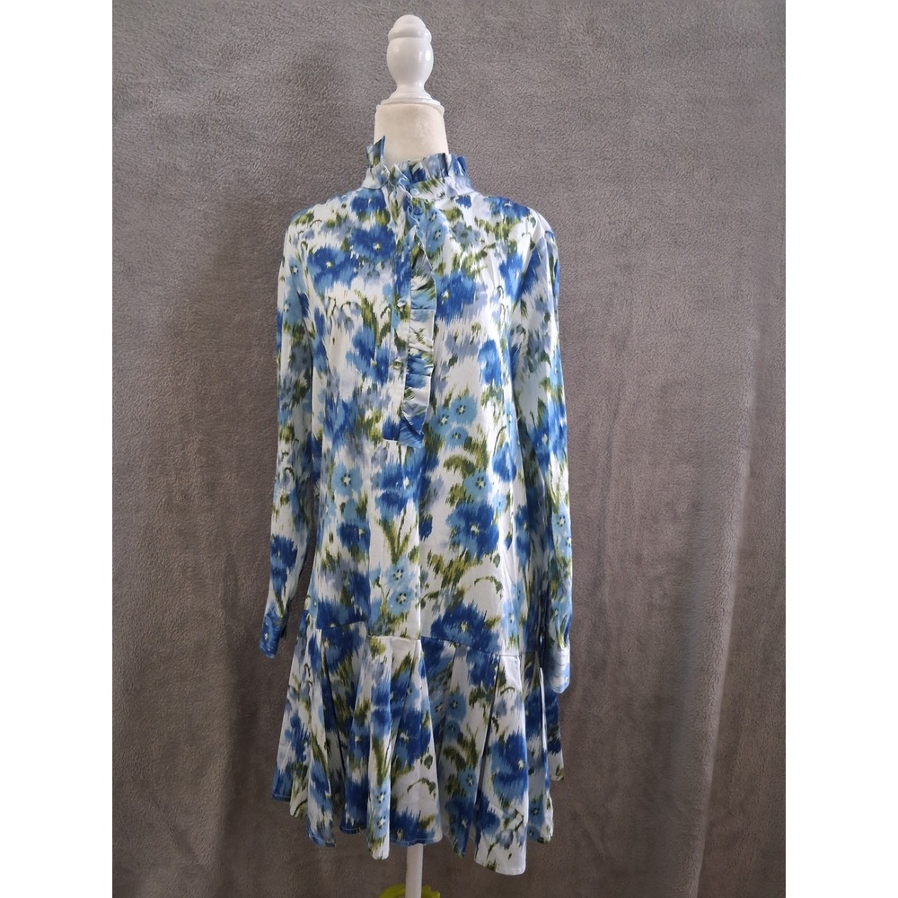 Tuckernuck Dress Sm Tate Mini Blue Floral Long Sleeve Drop Waist Preppy Shift